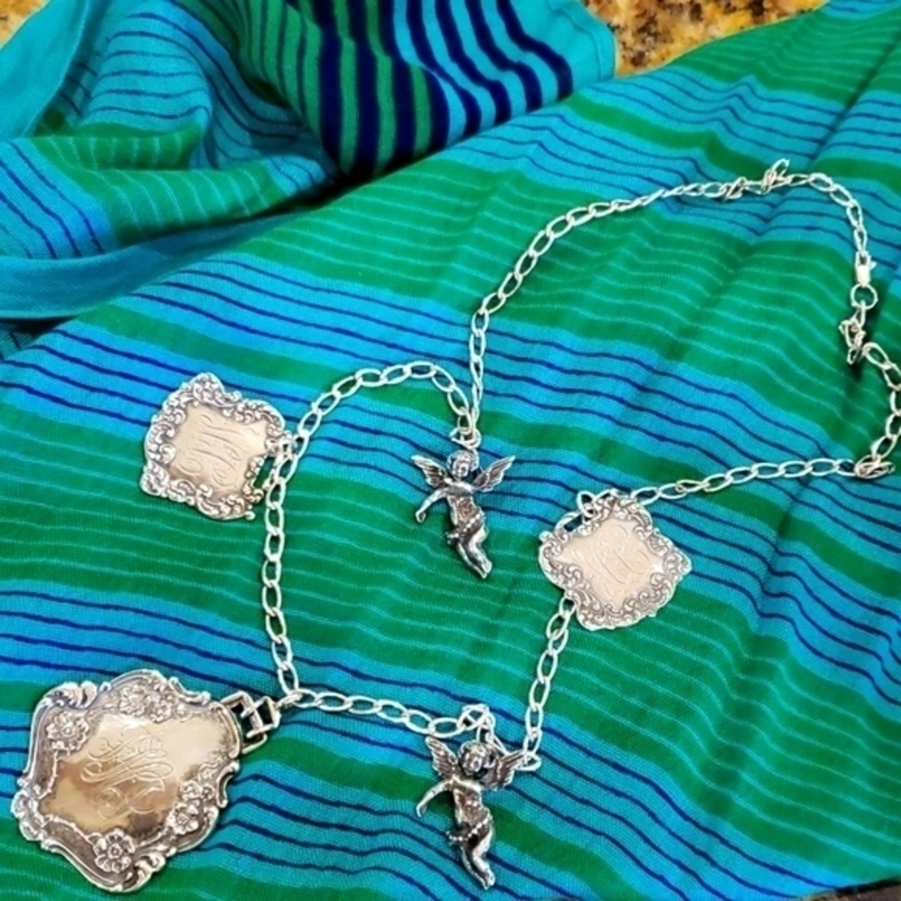 STERLING CHAIN CHARMS NECKLACE With 2 Cherub Angels and Monogram 5 Charms‎